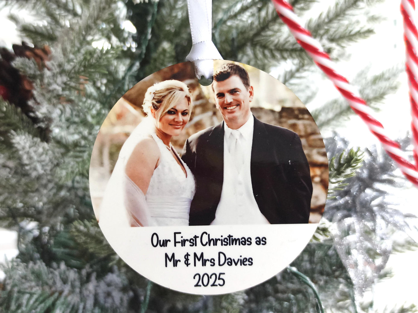 Our First Christmas as Mr & Mrs, Personalised Photo and Text Hanging Christmas