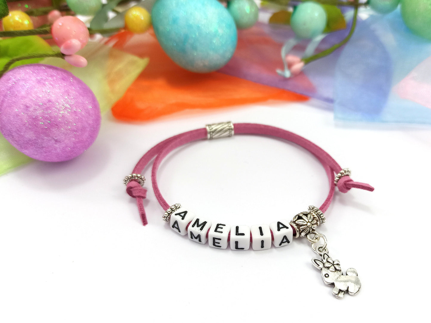 Childrens Name Bracelet with Rabbit Charm | Personalised Gift | Kids Bracelet | Choice of colours