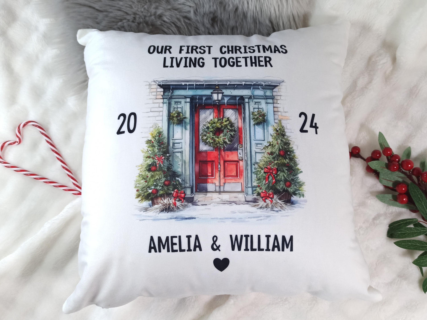 First Christmas Living Together Cushion. Personalised gift for couples.