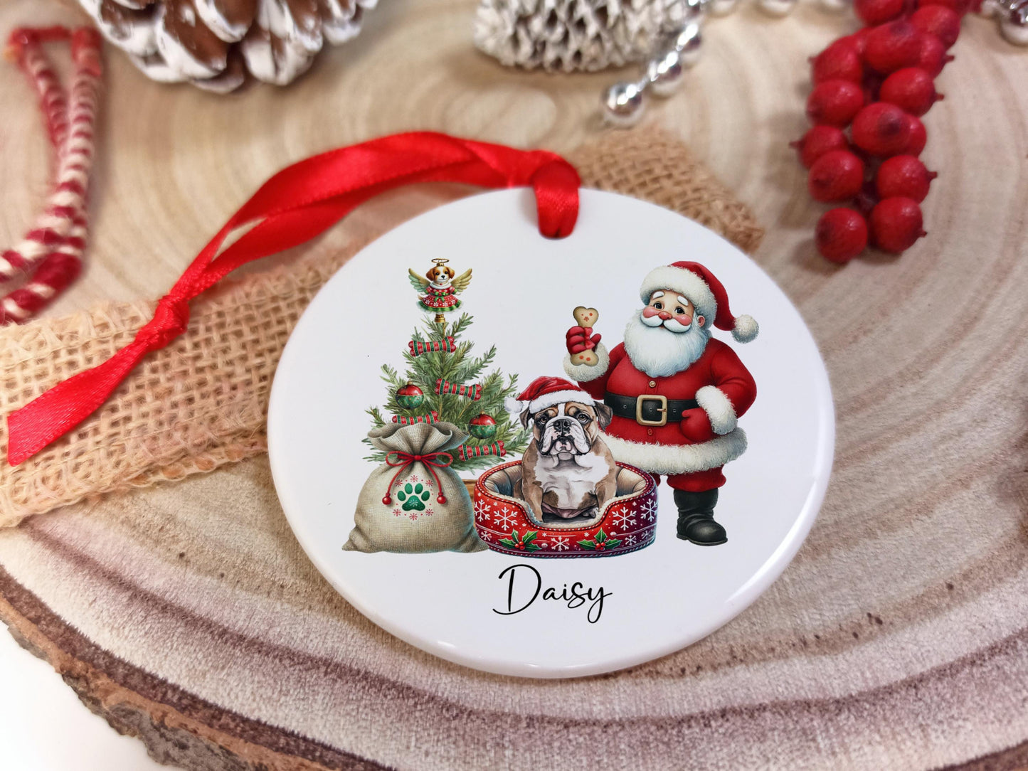 Bulldog Christmas Personalised Ornament | Ceramic Dog Tree Decoration | Festive Pet Name Gift |  Keepsake