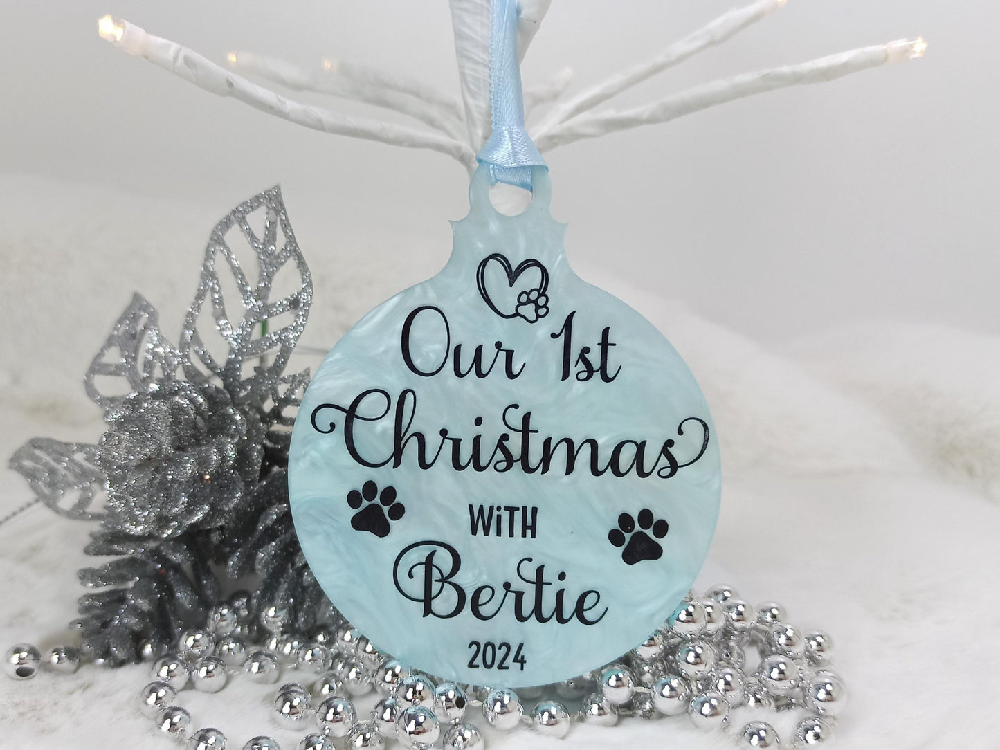 1st Christmas with Dog or Cat, Blue Personalised Hanging Christmas Tree Decoration