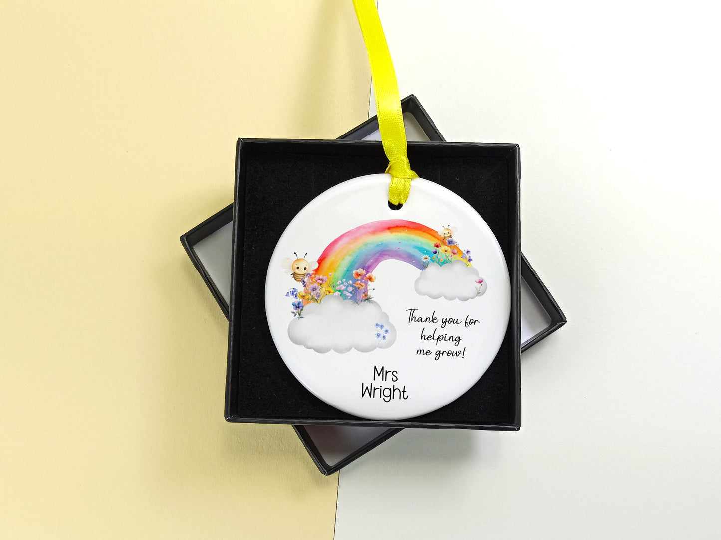 Teacher Gift.  Ceramic Hanging Keepsake personalised with name, presented in a gift box.  Thank you for helping me grow.