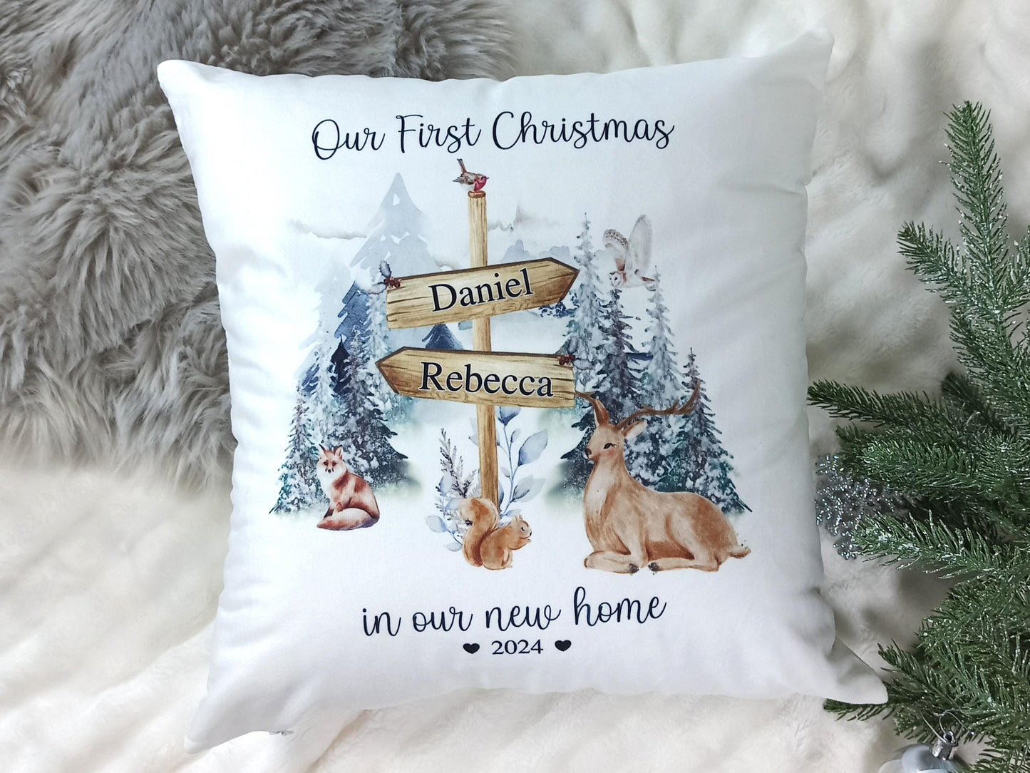 First Christmas in our new home personalised cushion.
