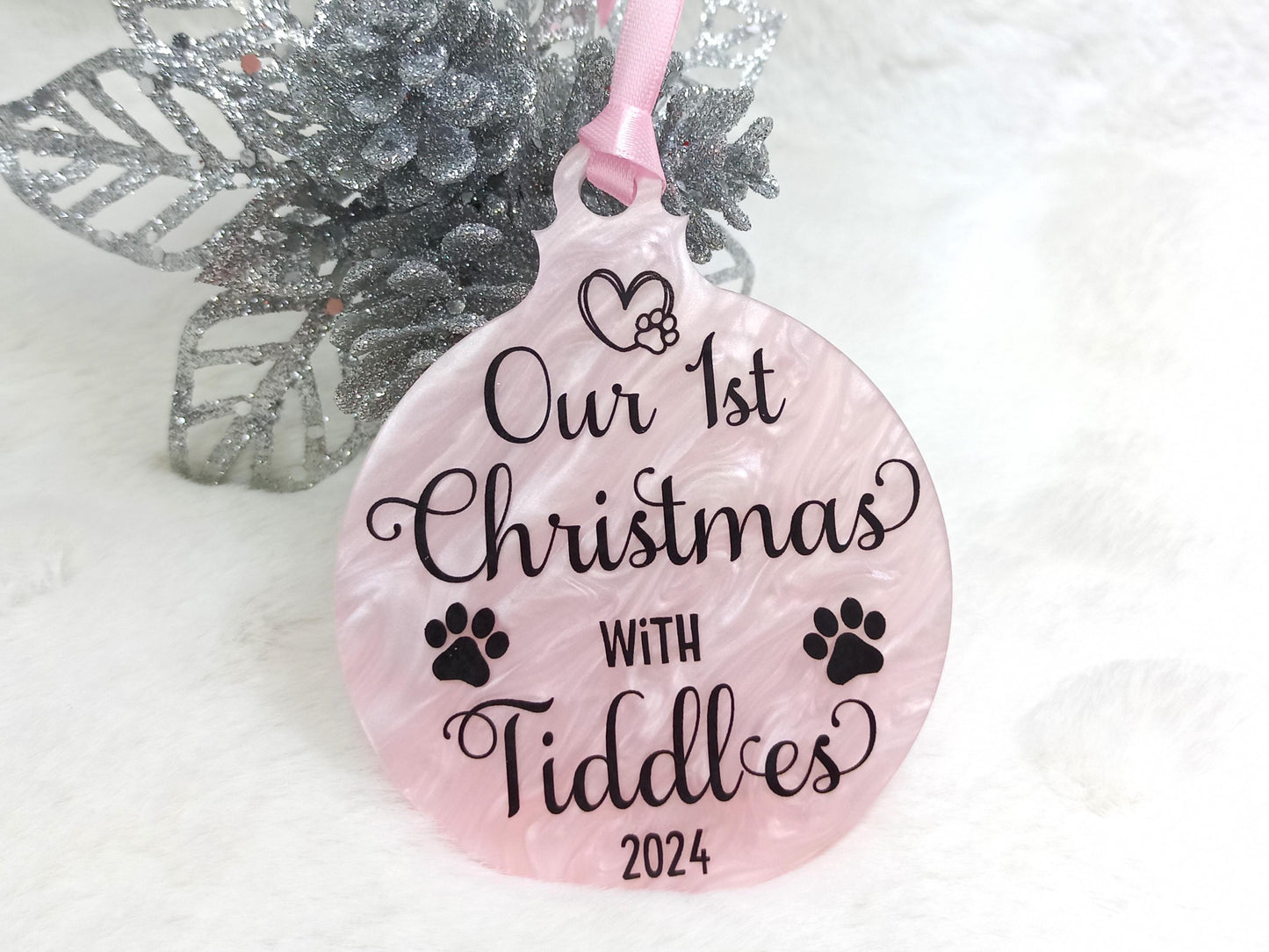 Our 1st Christmas with Cat or Dog, Pink Personalised Hanging Christmas Tree Decoration