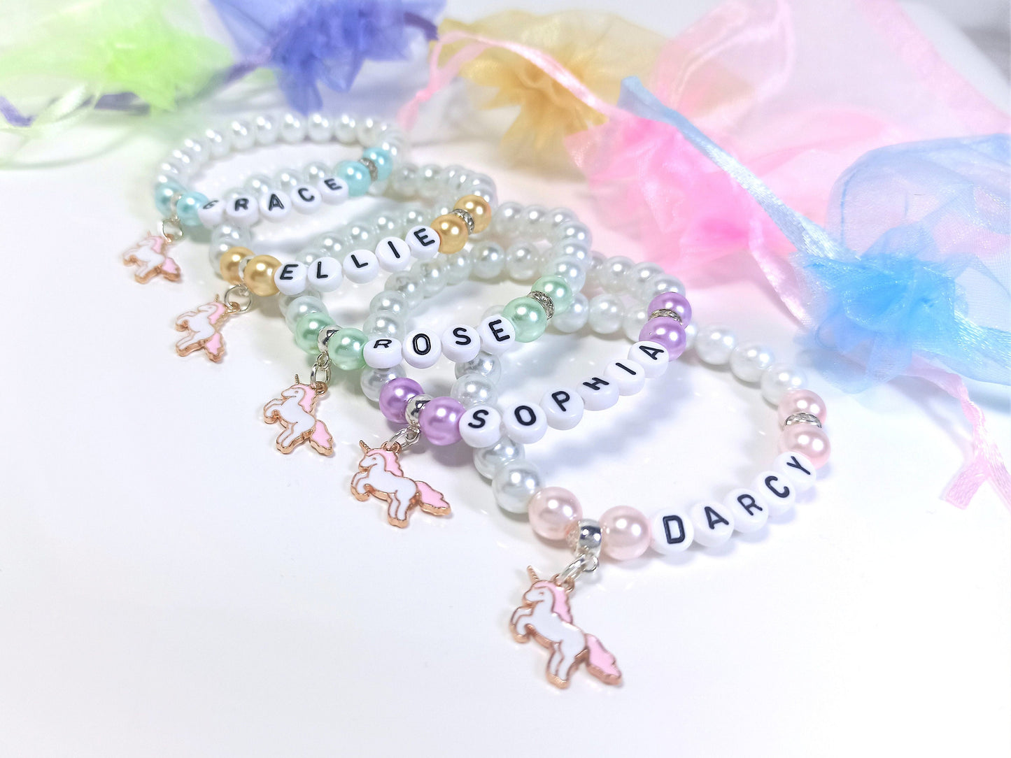 Girls Unicorn Name Bracelet  Beaded Personalised