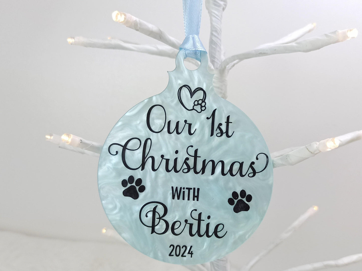 1st Christmas with Dog or Cat, Blue Personalised Hanging Christmas Tree Decoration