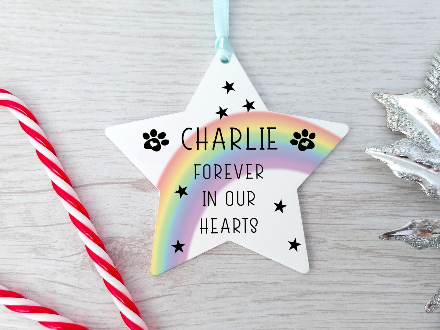Pet Loss Personalised Star, Hanging Christmas Tree Decoration Rainbow Bridge