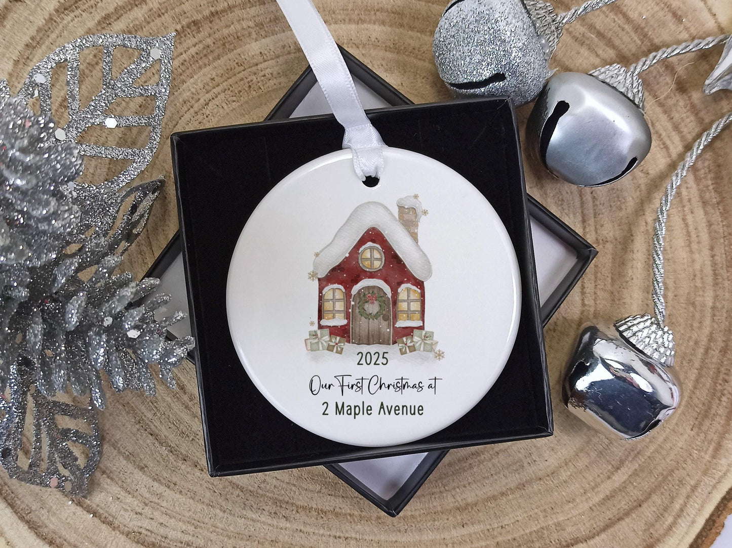 Our First Christmas at Personalised Address Ornament | Custom Ceramic Christmas Tree Decoration | New Home Gift with Gift Box
