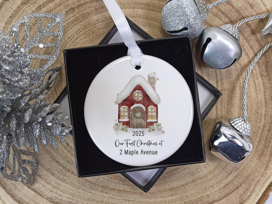 Our First Christmas at Personalised Address Ornament | Custom Ceramic Christmas Tree Decoration | New Home Gift with Gift Box