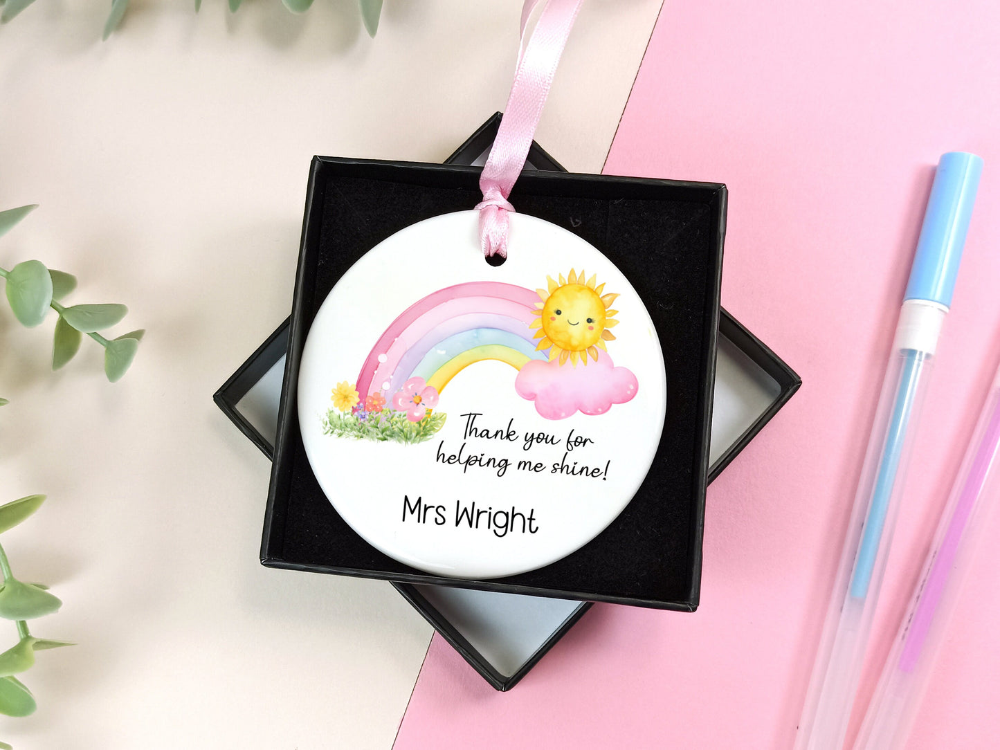 Teacher Gift.  Ceramic Hanging Keepsake personalised with name, presented in a gift box.  Thank you gift for teaching staff.