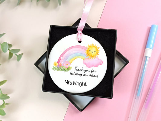 Teacher Gift.  Ceramic Hanging Keepsake personalised with name, presented in a gift box.  Thank you gift for teaching staff.