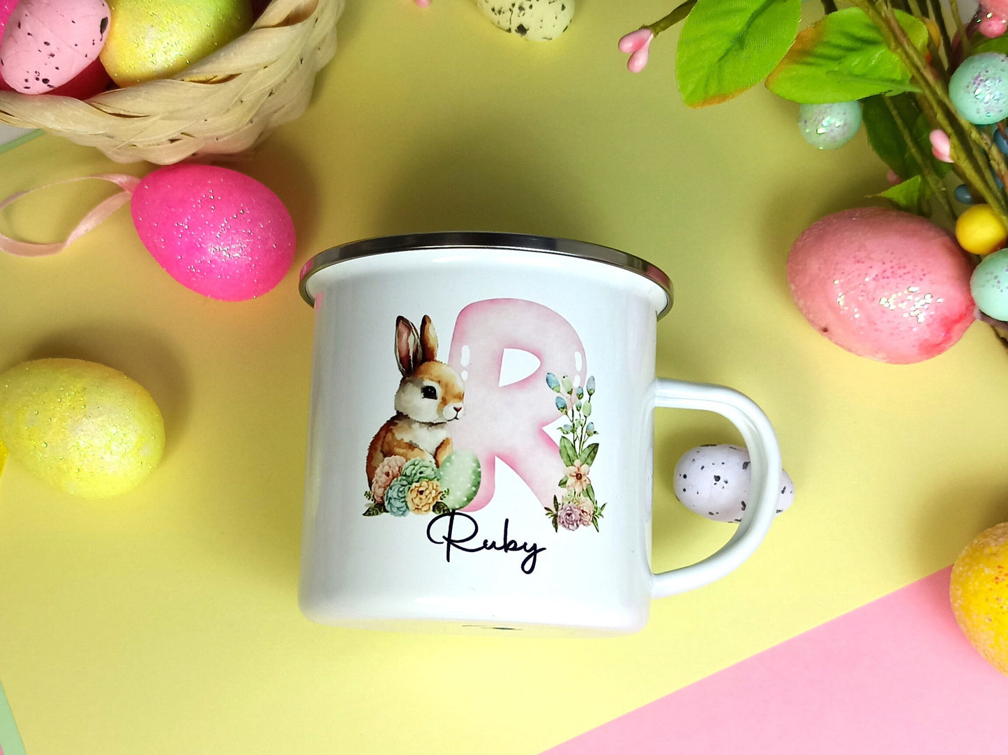 Personalised Pink Easter Rabbit Metal Cup