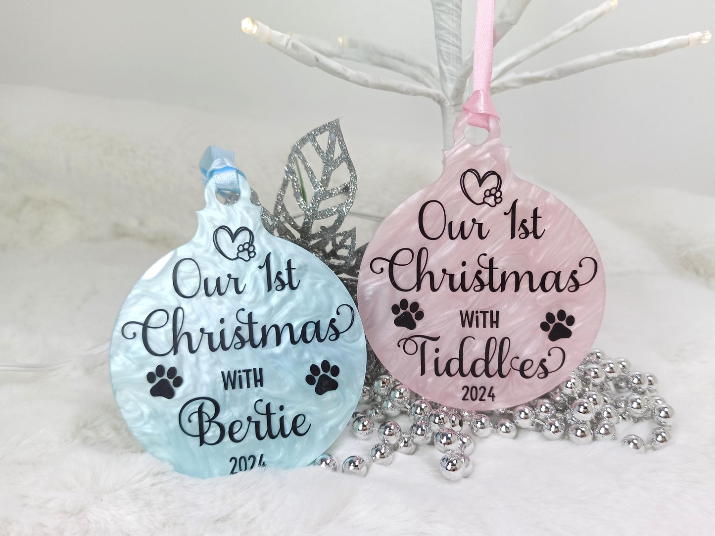 1st Christmas with Dog or Cat, Blue Personalised Hanging Christmas Tree Decoration