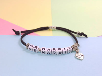 Teaching Gift, Thank You Bracelet Personalised with class teachers name