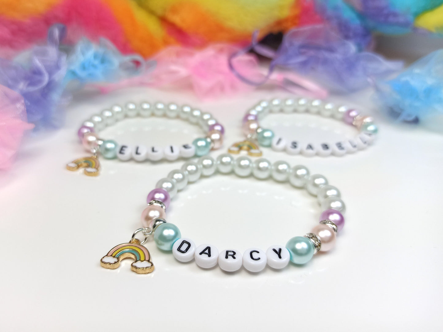 Personalized Girls Rainbow Charm Bracelet: Pastel Pearl Bead, Flower Girl Gift