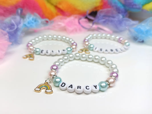Personalized Girls Rainbow Charm Bracelet: Pastel Pearl Bead, Flower Girl Gift