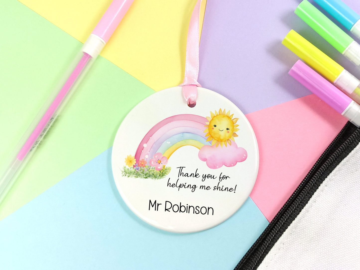 Teacher Gift.  Ceramic Hanging Keepsake personalised with name, presented in a gift box.  Thank you gift for teaching staff.