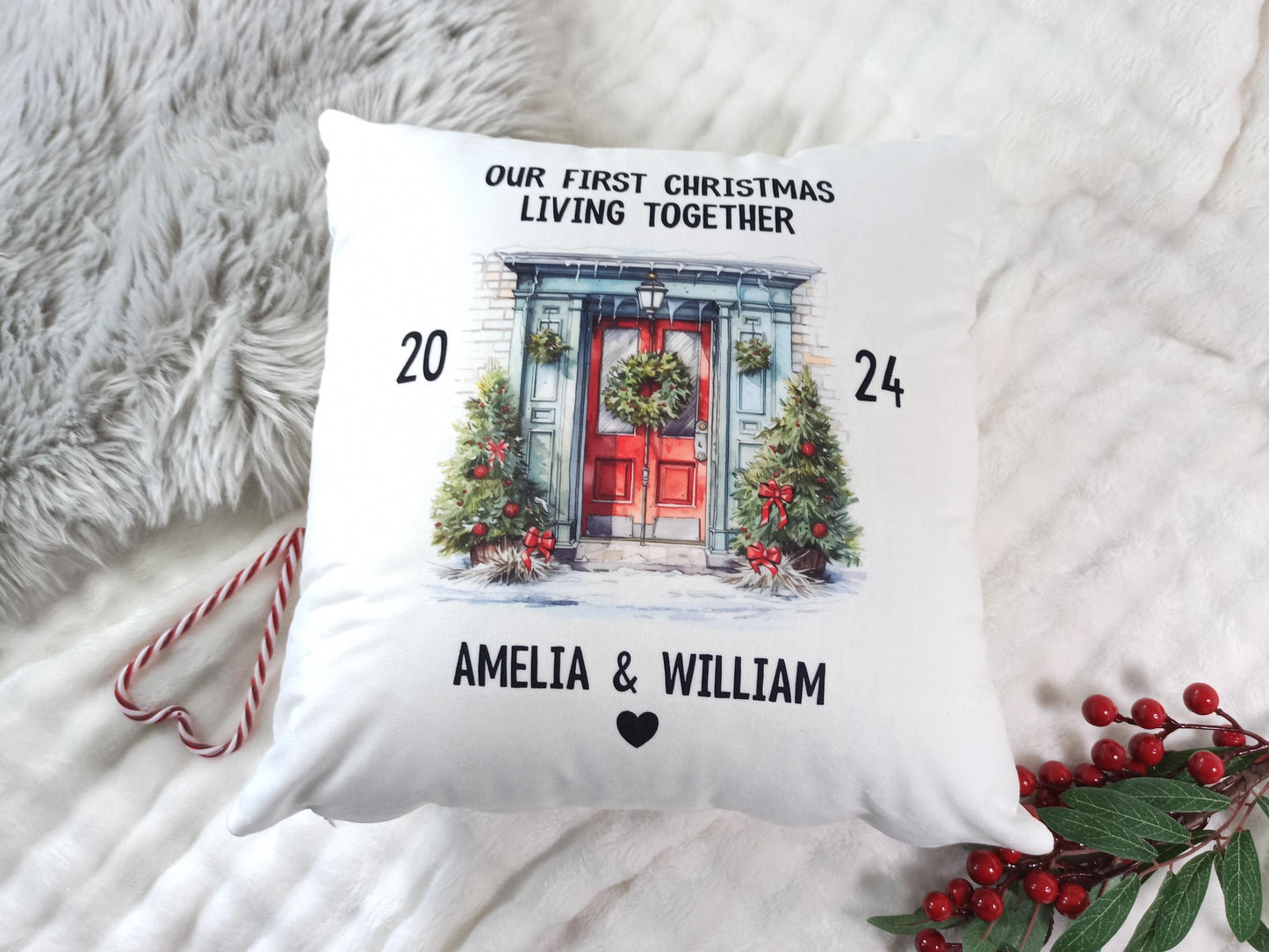 First Christmas Living Together Cushion. Personalised gift for couples.