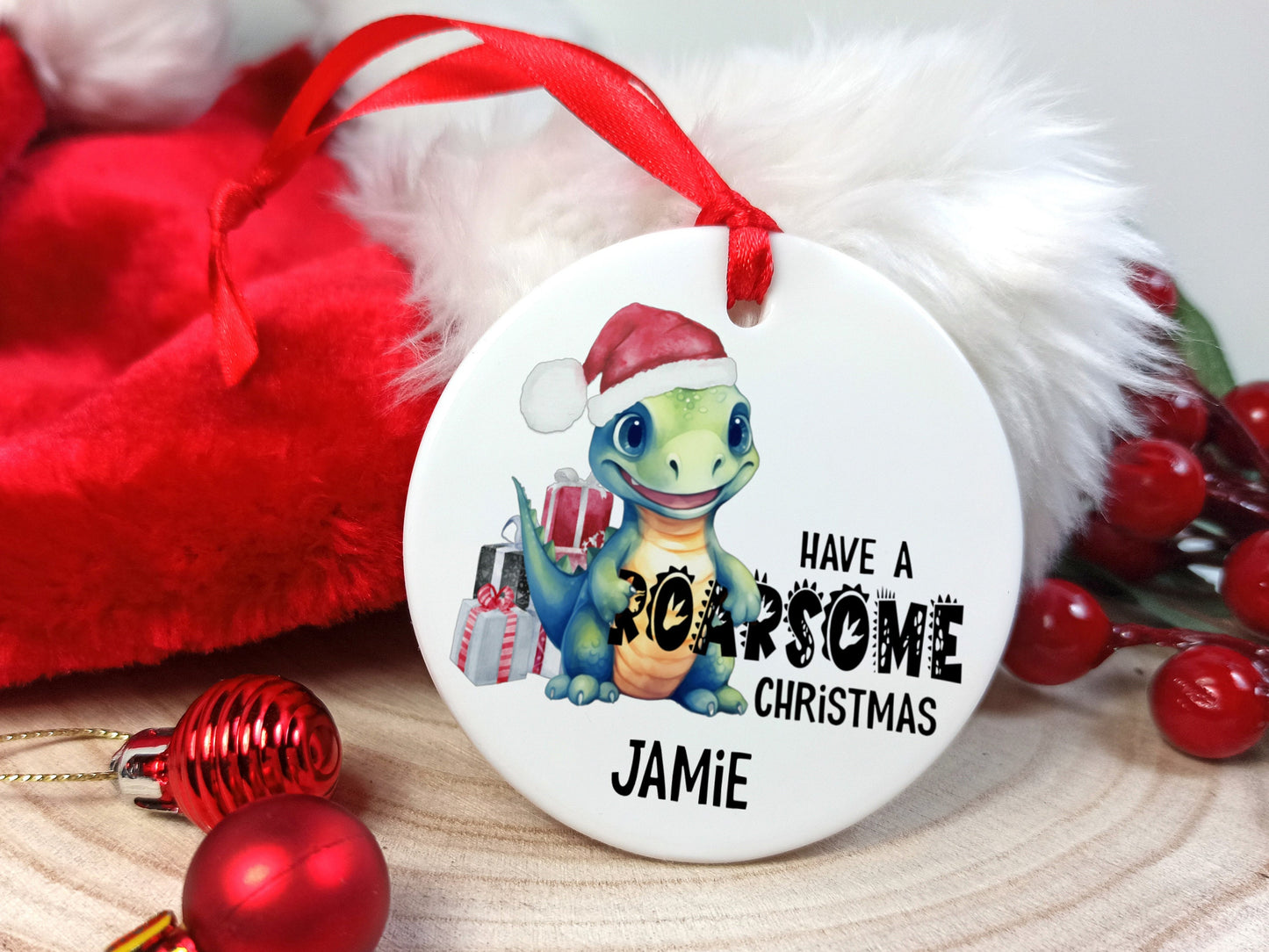 Dinosaur Ceramic Christmas Decoration Personalised with name