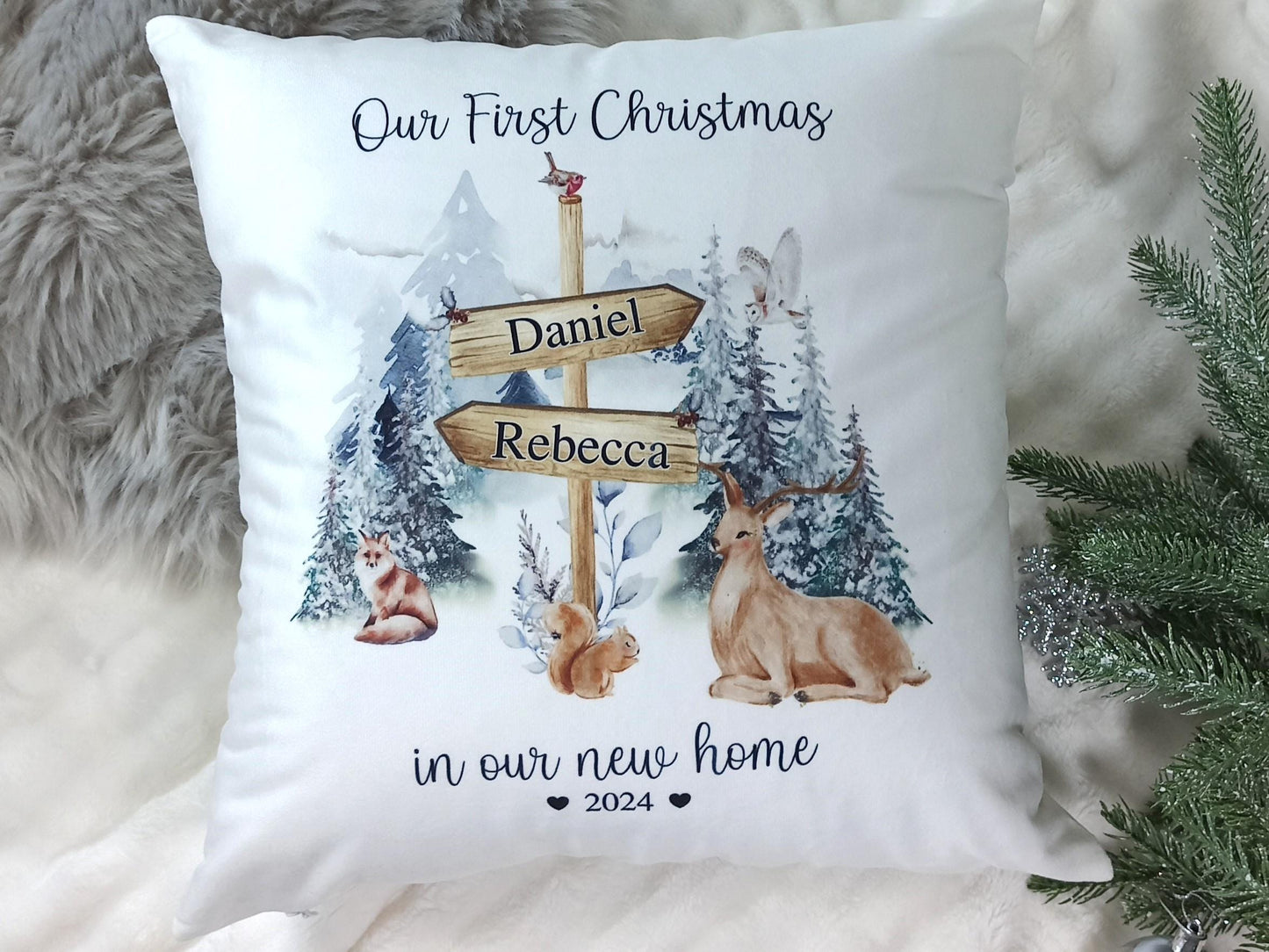 First Christmas in our new home personalised cushion.