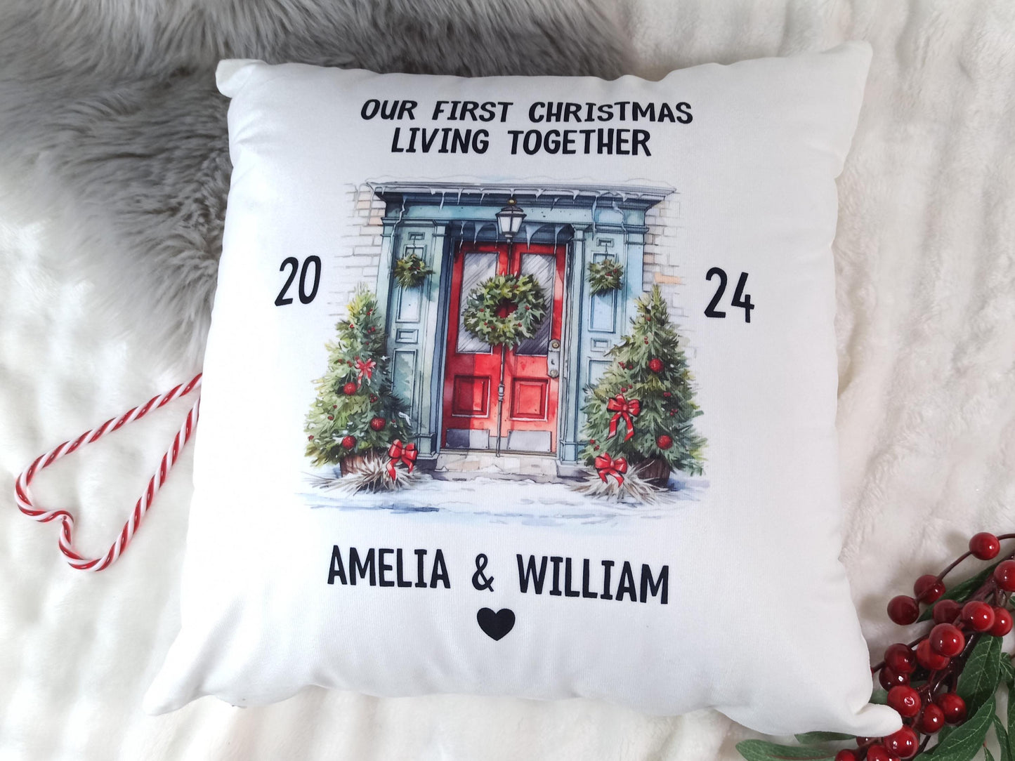 First Christmas Living Together Cushion. Personalised gift for couples.