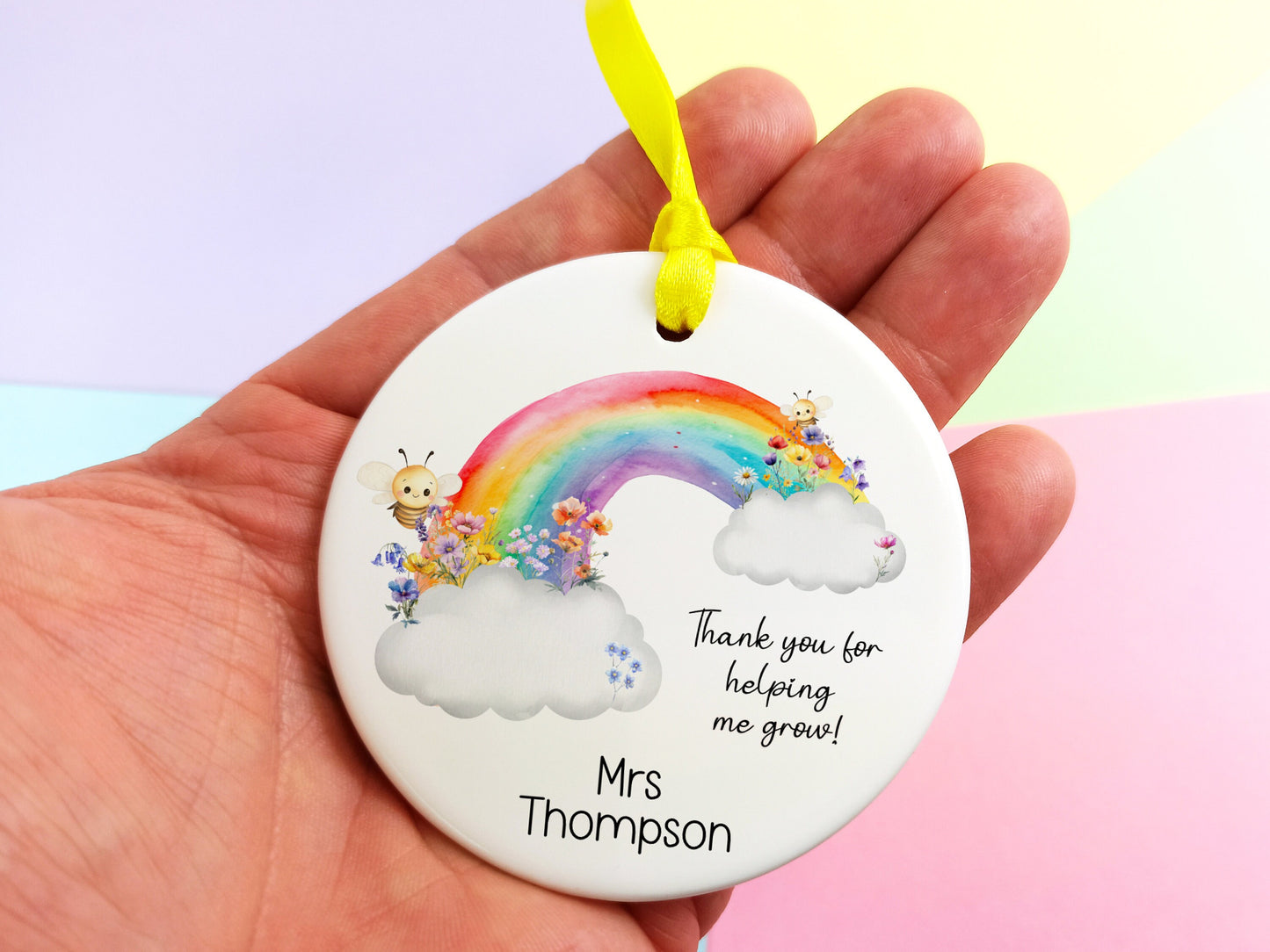 Teacher Gift.  Ceramic Hanging Keepsake personalised with name, presented in a gift box.  Thank you for helping me grow.