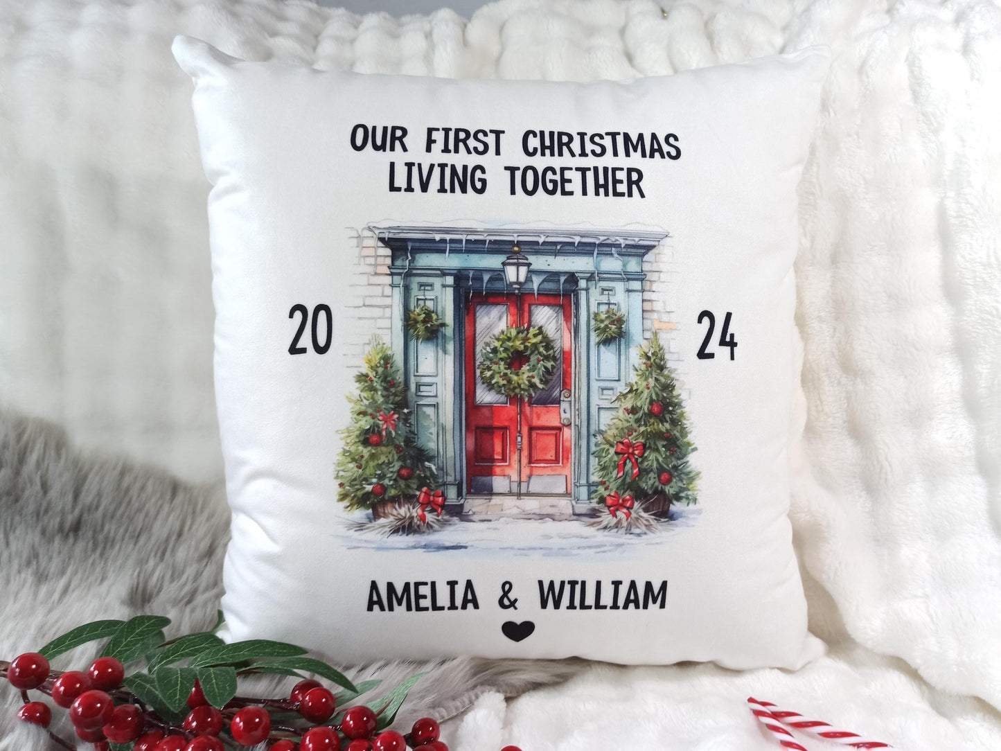 First Christmas Living Together Cushion. Personalised gift for couples.