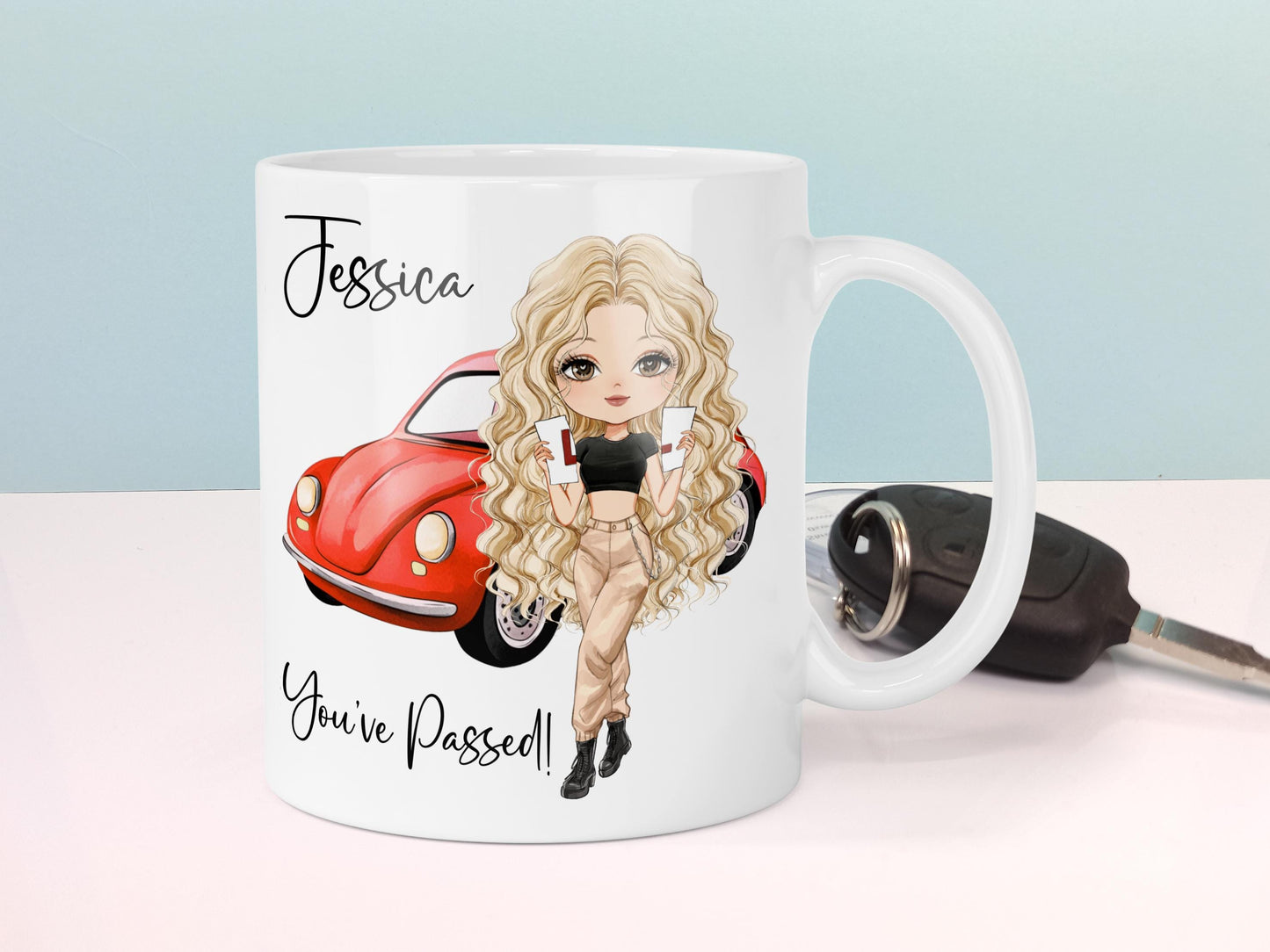 Girls Passed your Driving Test, Congratulations Personalised Mug, Custom Characters