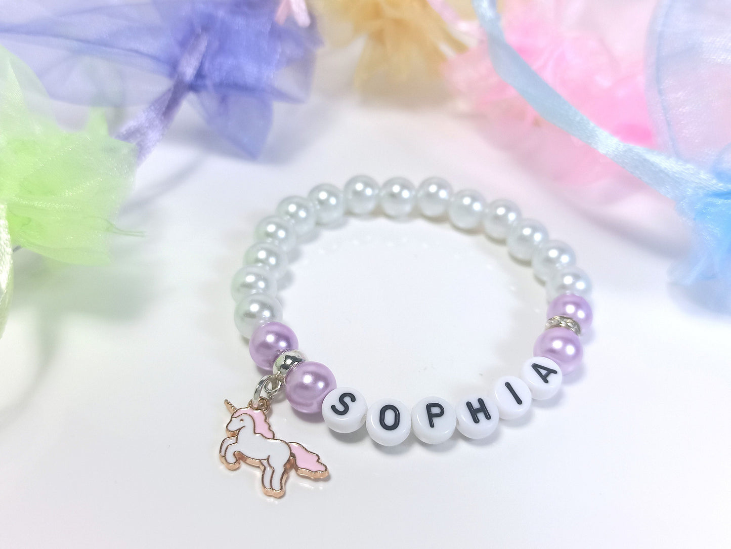 Girls Unicorn Name Bracelet  Beaded Personalised