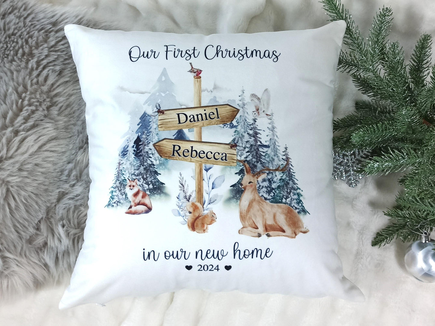 First Christmas in our new home personalised cushion.