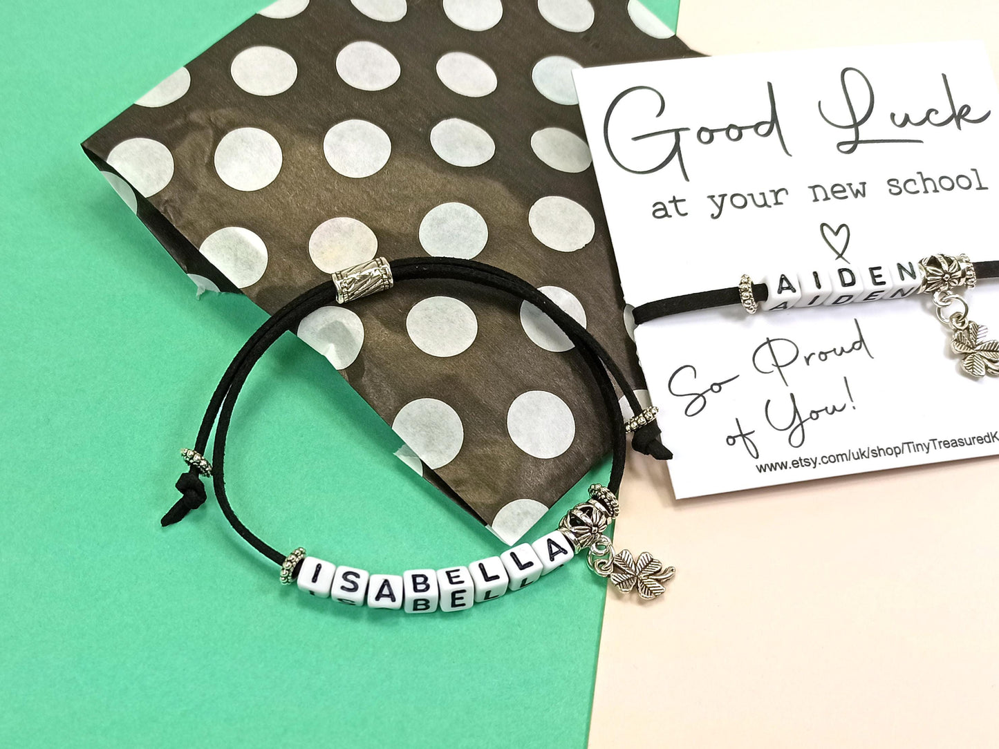 Good Luck at your New School Bracelet – Personalised Name Gift – Back to School Keepsake –  Choose Colour – New School Year Gift