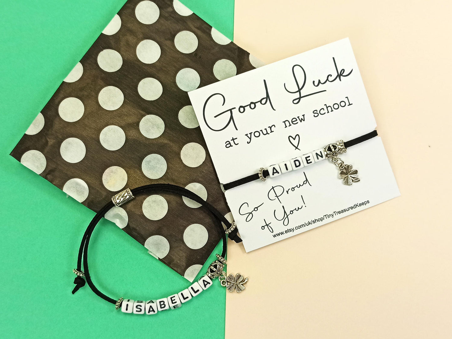 Good Luck at your New School Bracelet – Personalised Name Gift – Back to School Keepsake –  Choose Colour – New School Year Gift