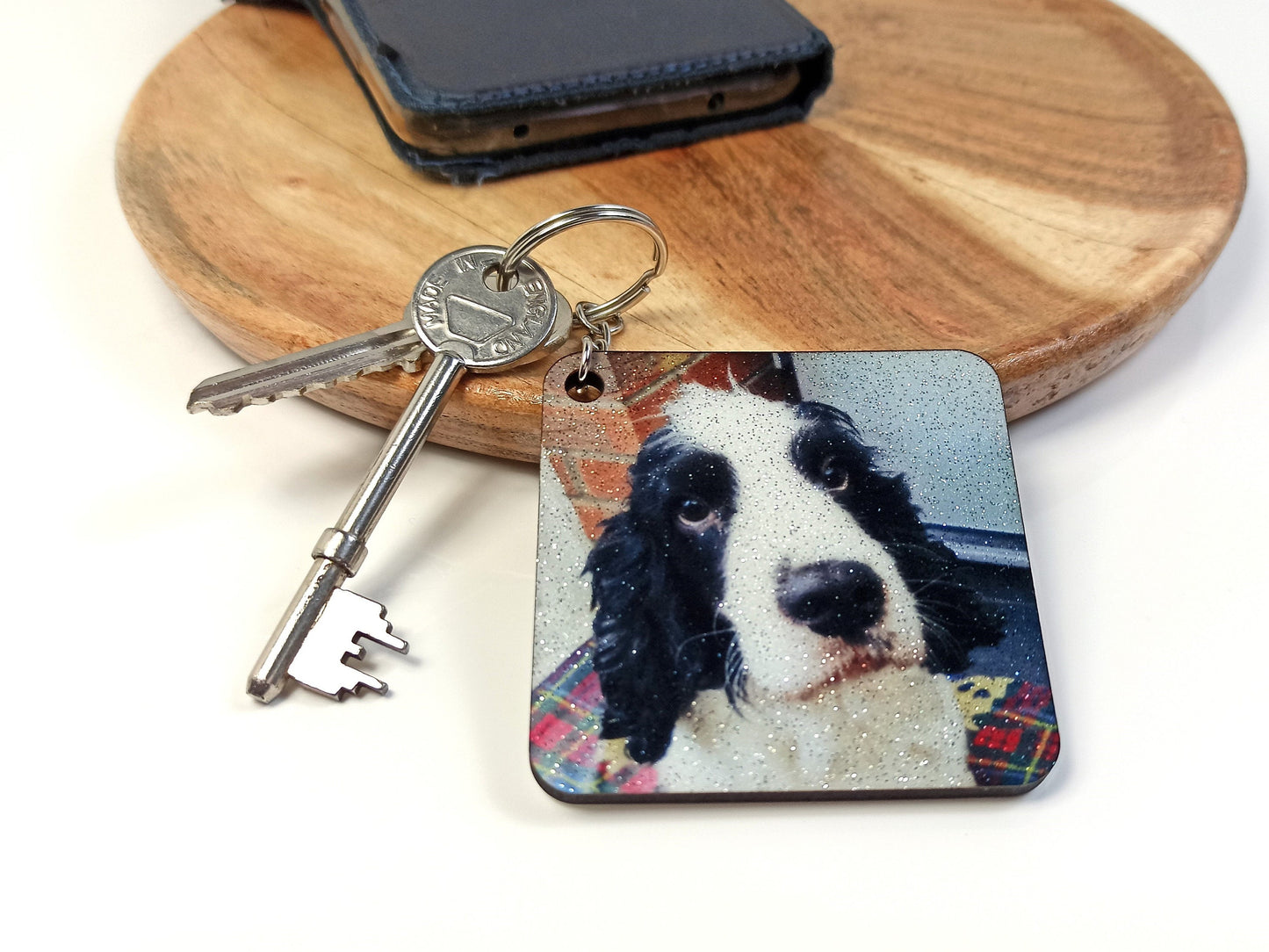Pet Loss Rainbow Keyring, Personalised Photo, Sparkly Glitter MDF, Dog or Cat Remembrance Keepsake