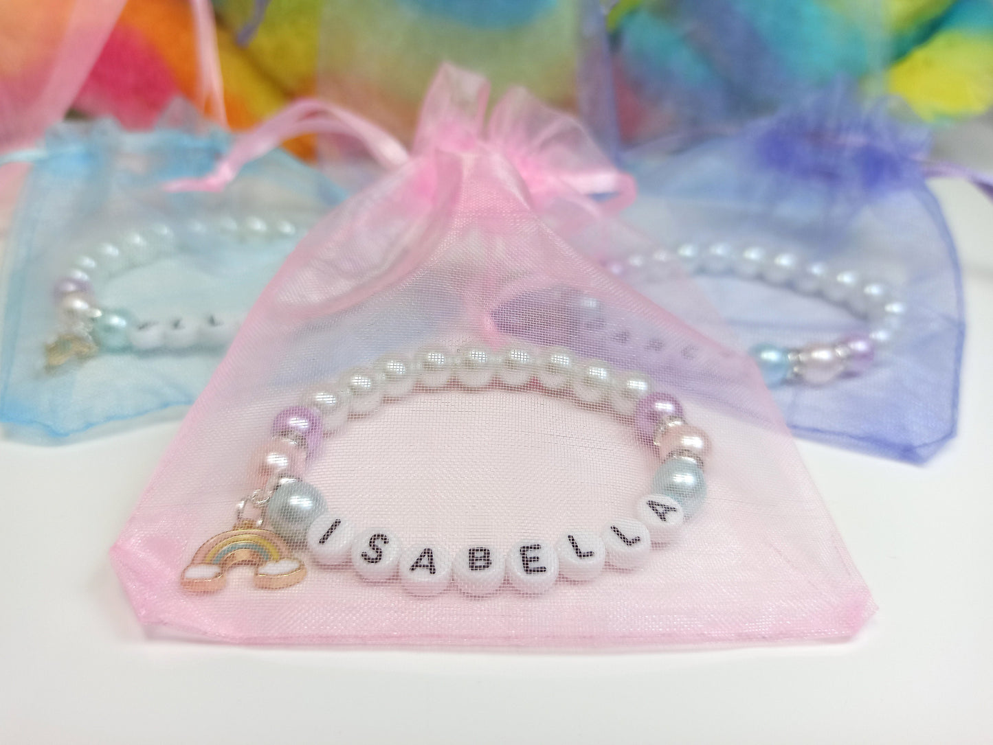 Personalized Girls Rainbow Charm Bracelet: Pastel Pearl Bead, Flower Girl Gift