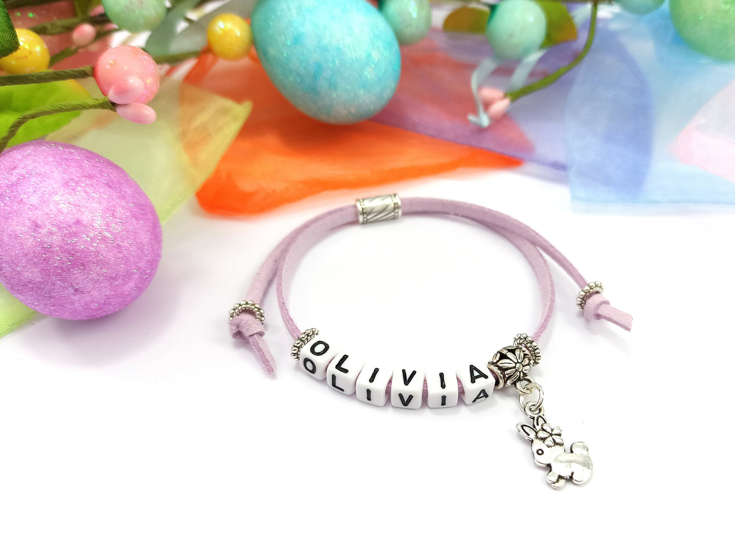 Childrens Name Bracelet with Rabbit Charm | Personalised Gift | Kids Bracelet | Choice of colours