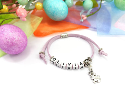 Childrens Name Bracelet with Rabbit Charm | Personalised Gift | Kids Bracelet | Choice of colours