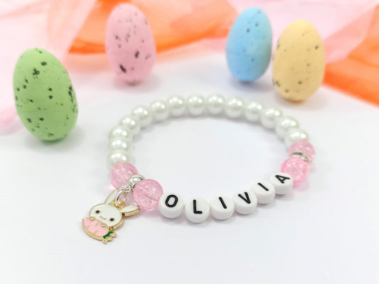 Girls Bunny Rabbit Name Bracelet Beaded Gift Personalised Choice of colours available