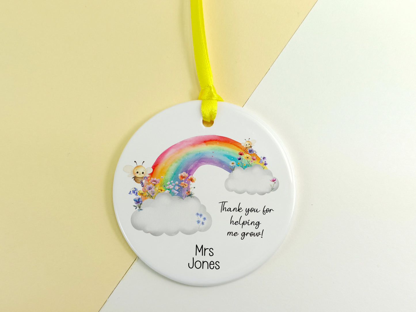 Teacher Gift.  Ceramic Hanging Keepsake personalised with name, presented in a gift box.  Thank you for helping me grow.