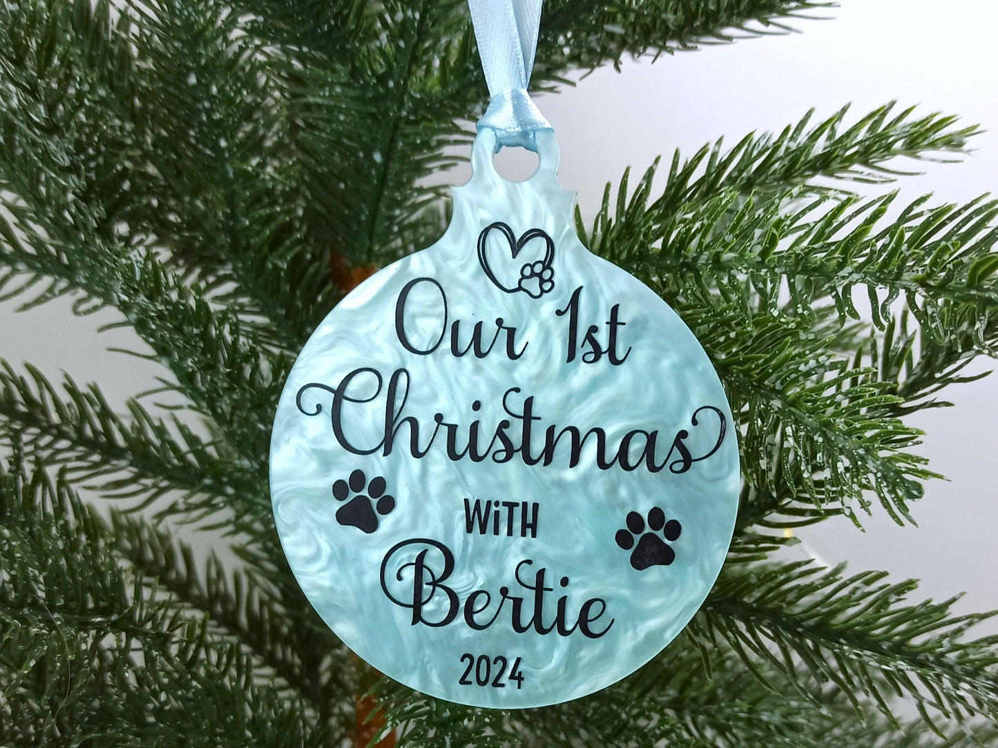 1st Christmas with Dog or Cat, Blue Personalised Hanging Christmas Tree Decoration