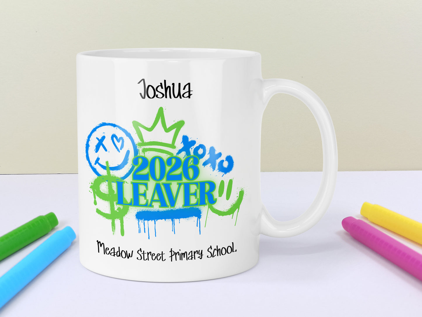 School Leavers Mug Personalised Keepsake - Blue/Green Graffiti
