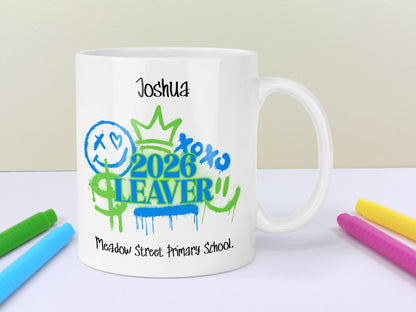 School Leavers Mug Personalised Keepsake - Blue/Green Graffiti