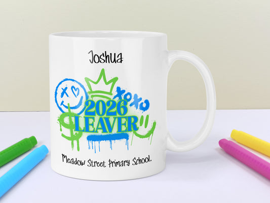 School Leavers Mug Personalised Keepsake - Blue/Green Graffiti