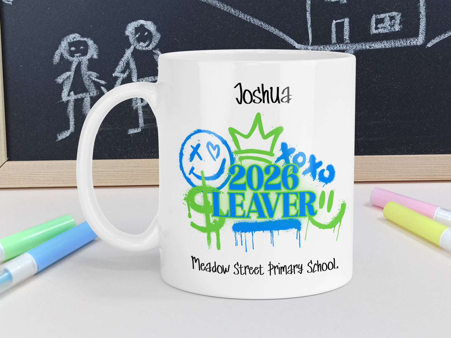 School Leavers Mug Personalised Keepsake - Blue/Green Graffiti