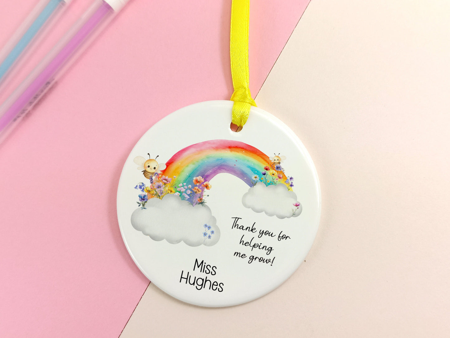 Teacher Gift.  Ceramic Hanging Keepsake personalised with name, presented in a gift box.  Thank you for helping me grow.