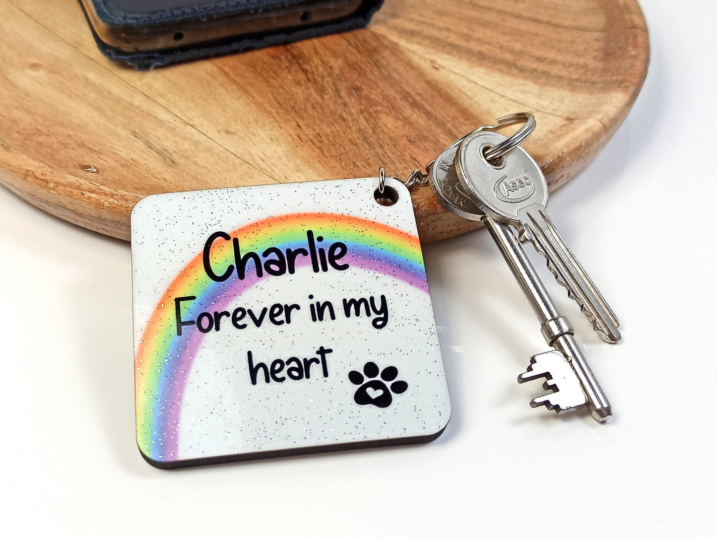 Pet Loss Rainbow Keyring, Personalised Photo, Sparkly Glitter MDF, Dog or Cat Remembrance Keepsake
