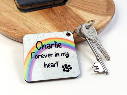Pet Loss Rainbow Keyring, Personalised Photo, Sparkly Glitter MDF, Dog or Cat Remembrance Keepsake