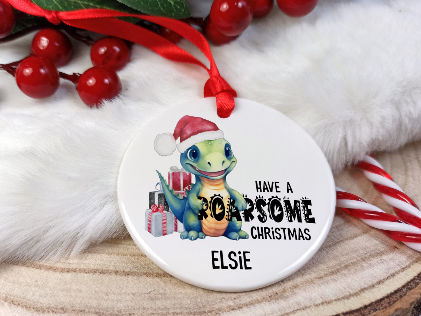 Dinosaur Ceramic Christmas Decoration Personalised with name
