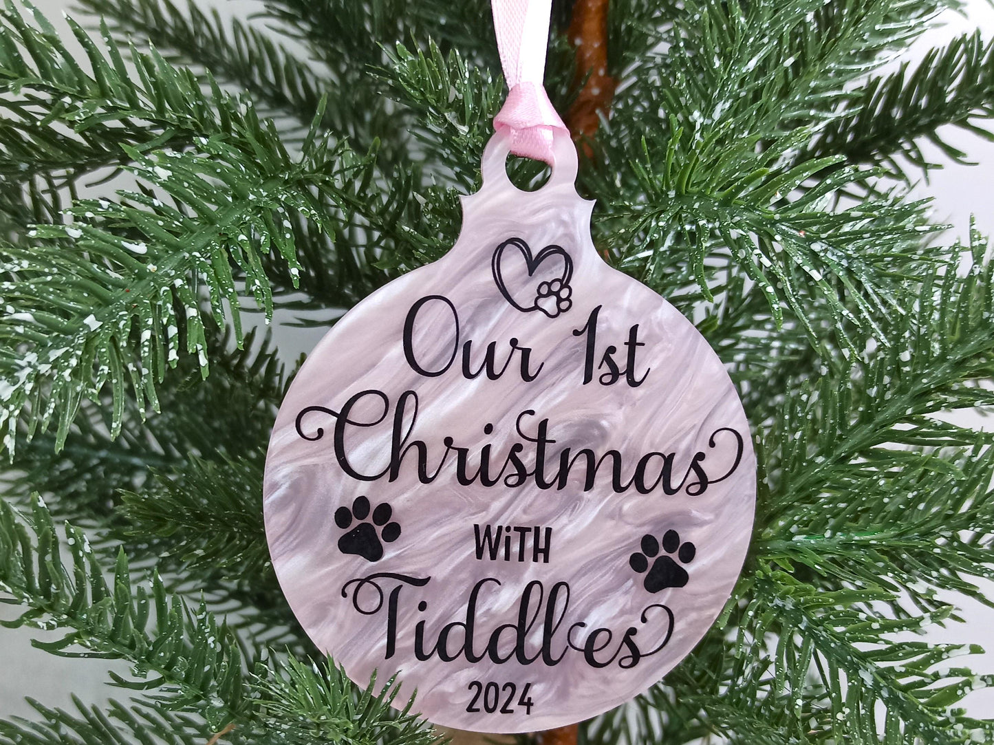 Our 1st Christmas with Cat or Dog, Pink Personalised Hanging Christmas Tree Decoration