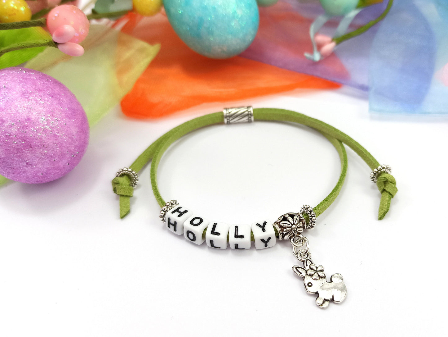 Childrens Name Bracelet with Rabbit Charm | Personalised Gift | Kids Bracelet | Choice of colours