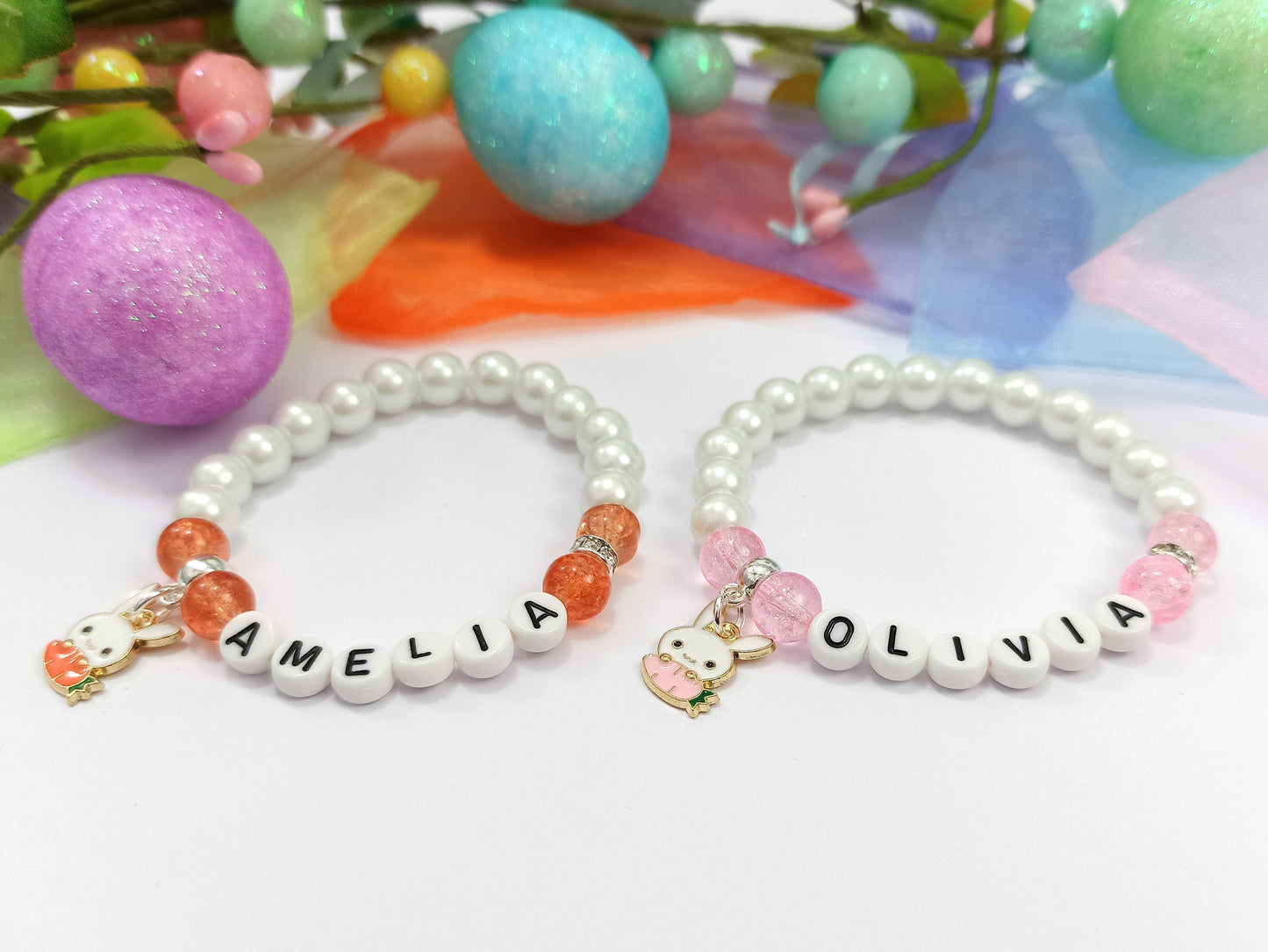 Girls Bunny Rabbit Name Bracelet Beaded Gift Personalised Choice of colours available